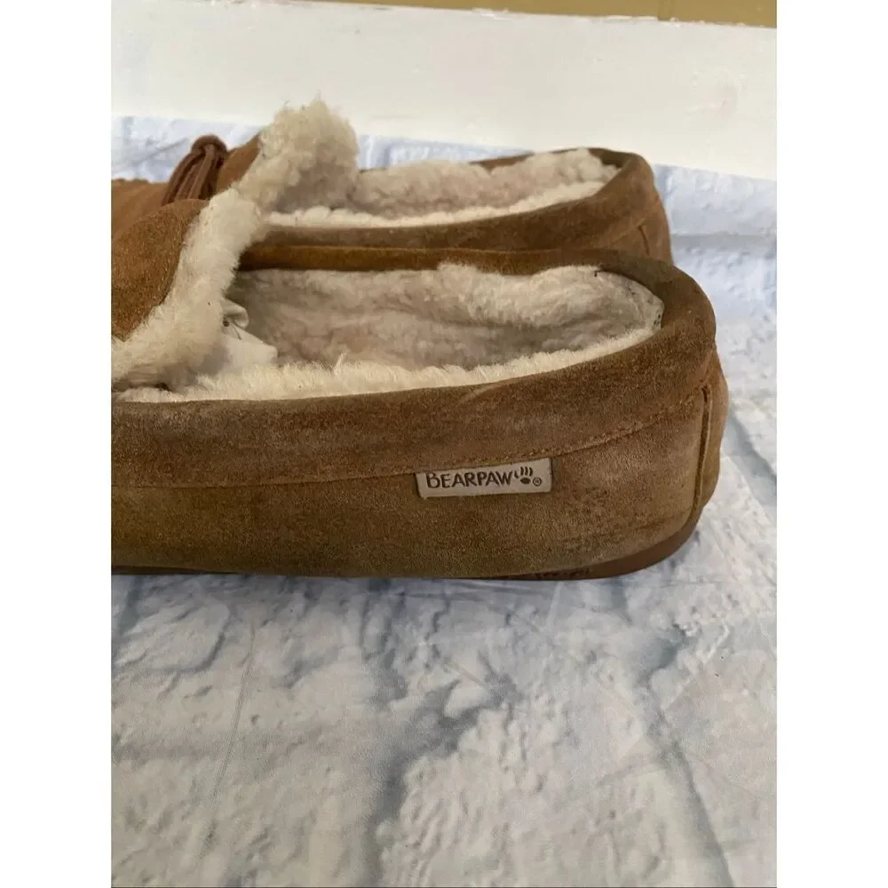 Bearpaw men 13 suede slip on moccasins w/front tie tan